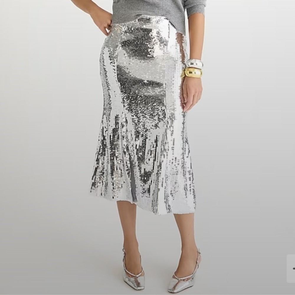 NWT NWT J.Crew Collection Stacy Sequin Slip Skirt Metallic Silver‎ Midi Size 4